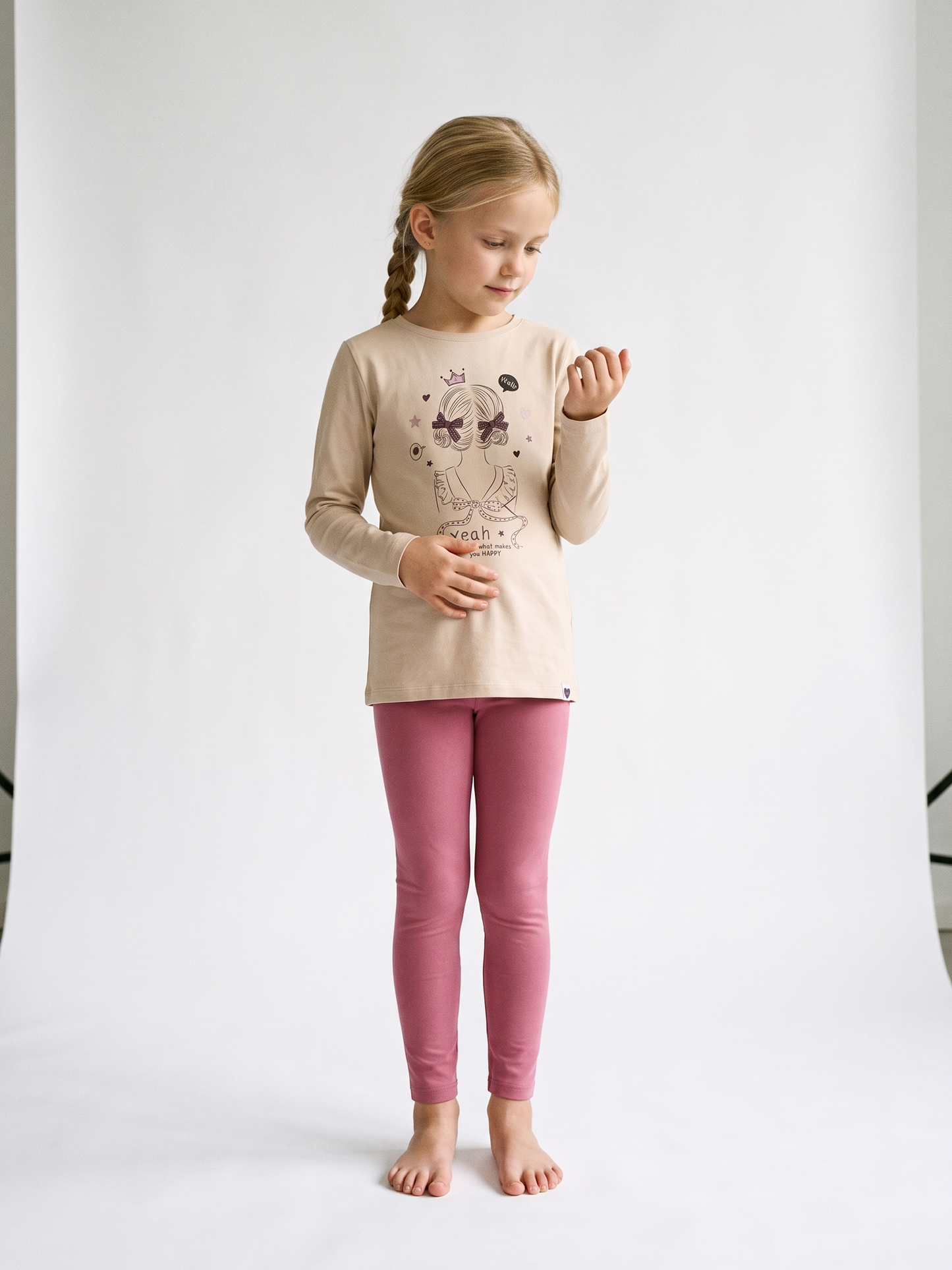 Beige Happy Girl | Dekliška tunika z dolgimi rokavi - klasičen kroj
