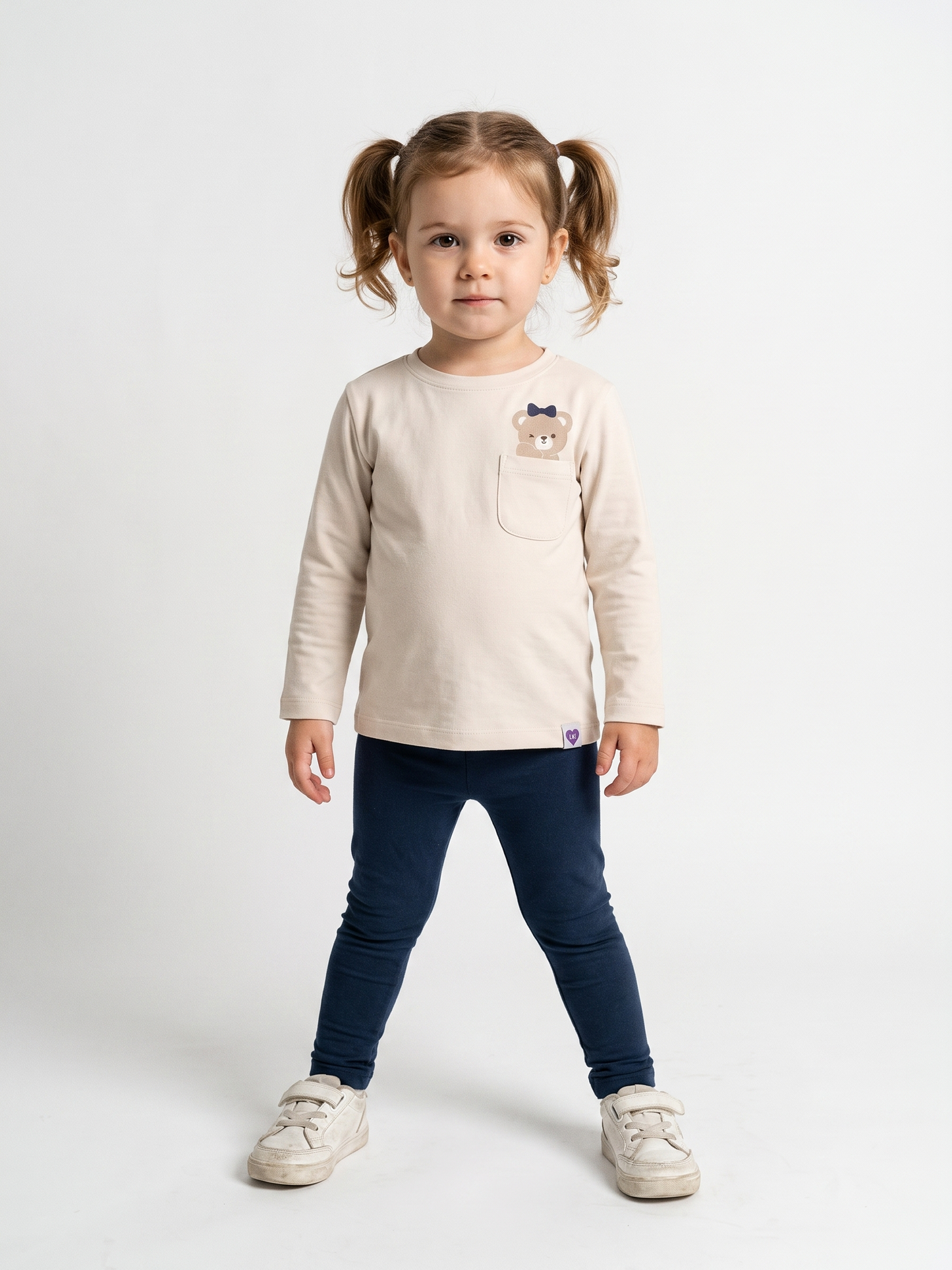 White Pocket Teddy | Dekliška majica z dolgimi rokavi