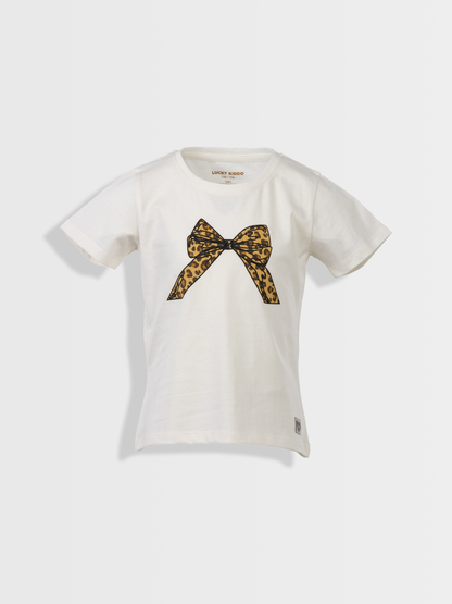 Leopard Bow Off White | Dekliška majica s kratkimi rokavi