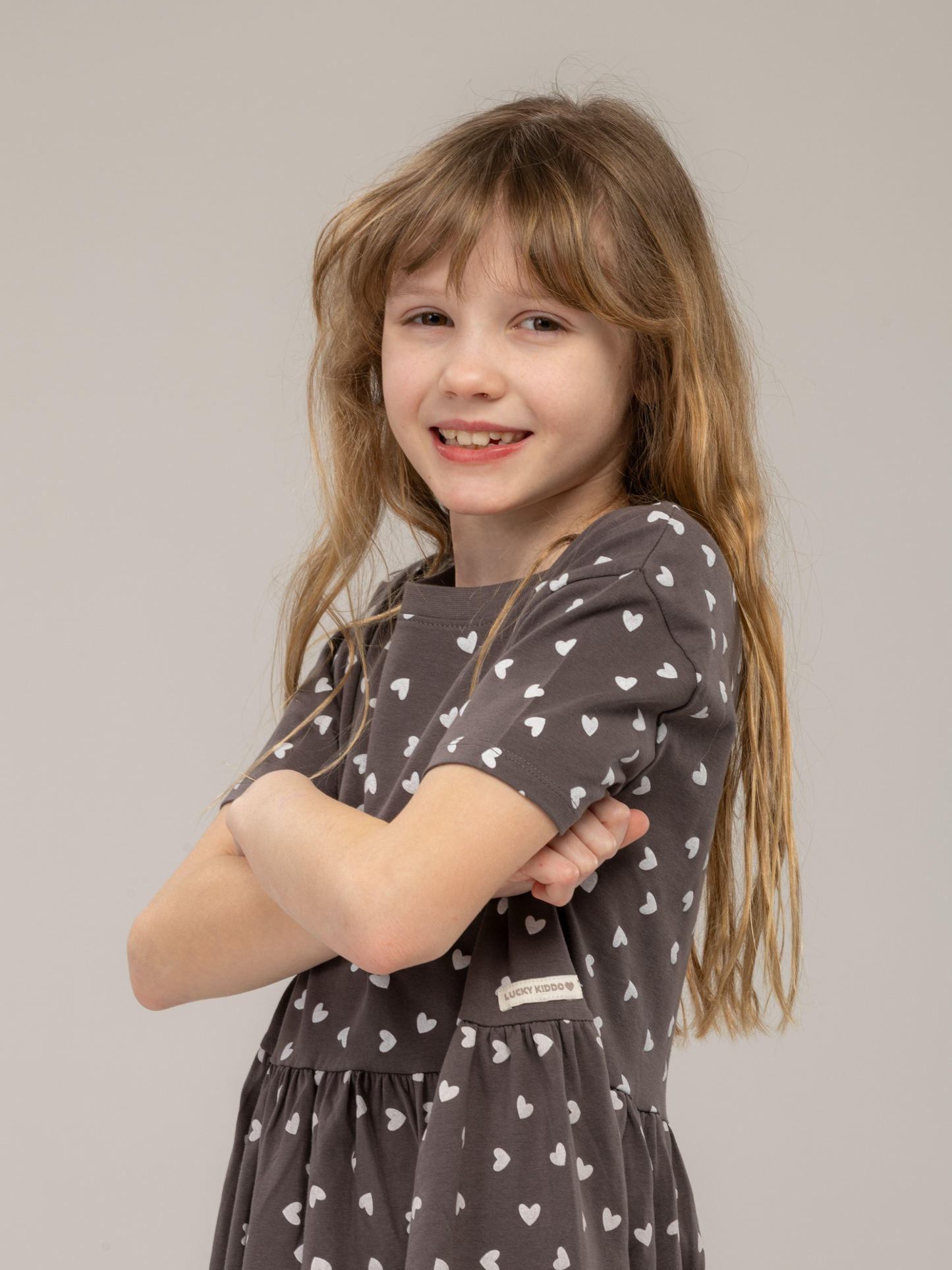 Paris Grey Hearts | Dekliška obleka s kratimi rokavi - Lucky Kiddo SI 