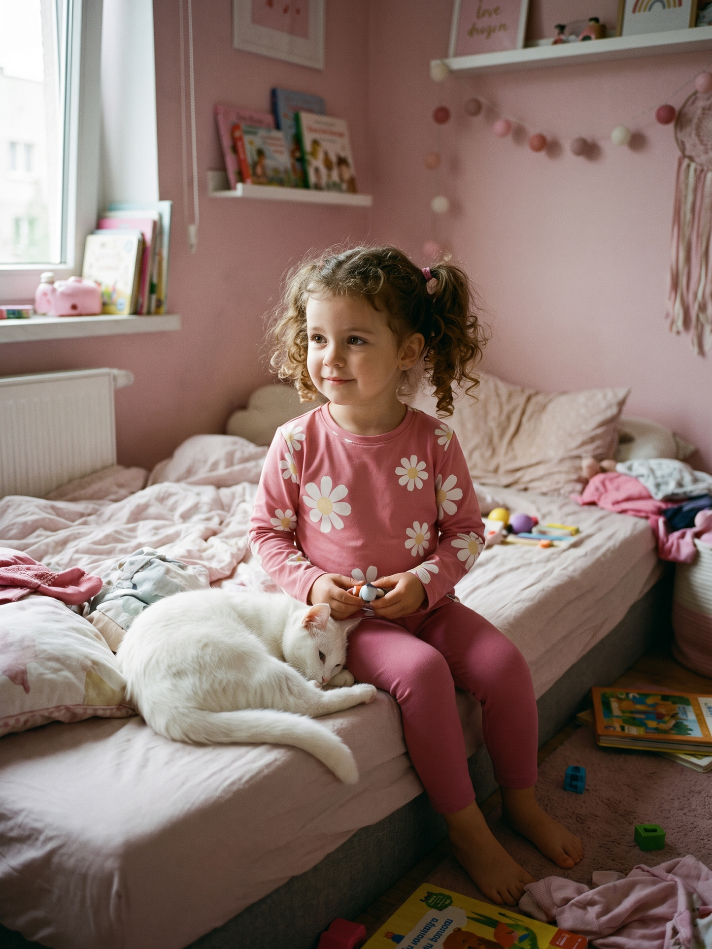 Peach Daisy Field | Dekliška majica z dolgimi rokavi - ohlapen kroj