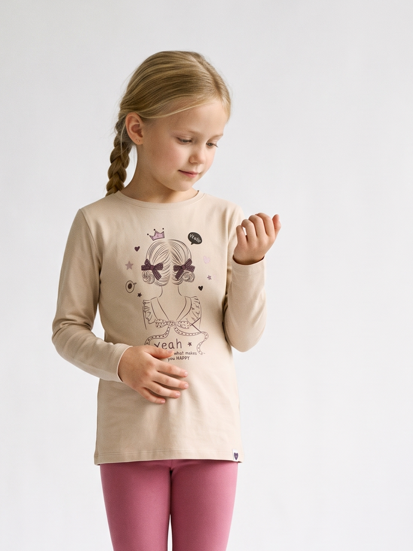 Beige Happy Girl | Dekliška tunika z dolgimi rokavi - klasičen kroj
