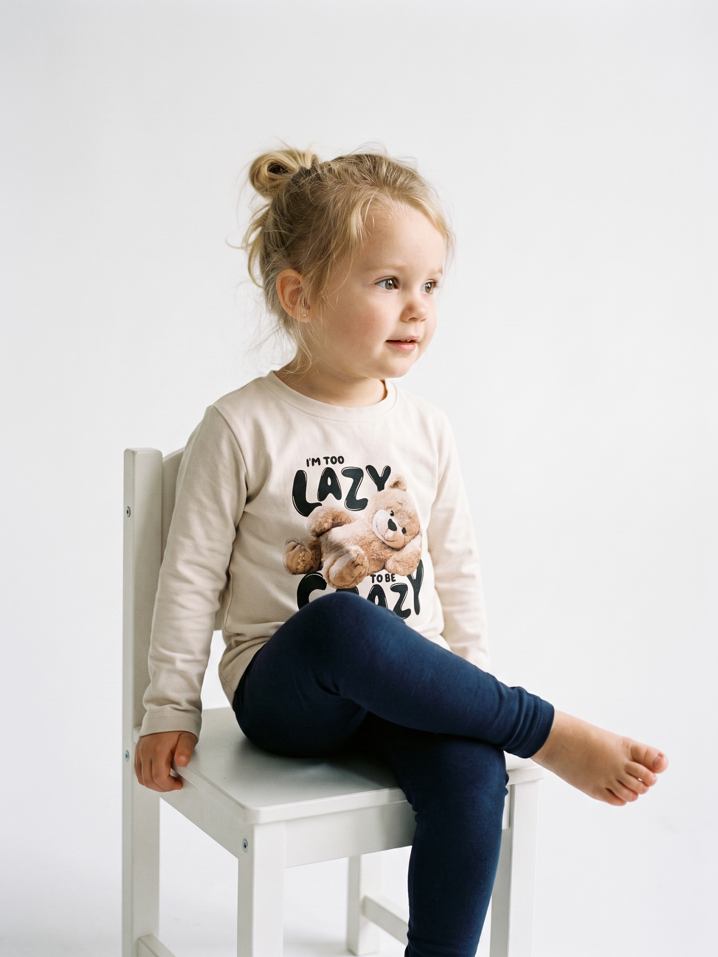 White Lazy Teddy | Dekliška majica z dolgimi rokavi - ohlapen kroj