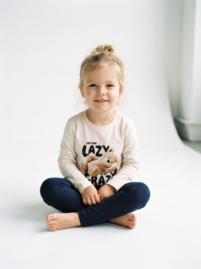 White Lazy Teddy | Dekliška majica z dolgimi rokavi - ohlapen kroj