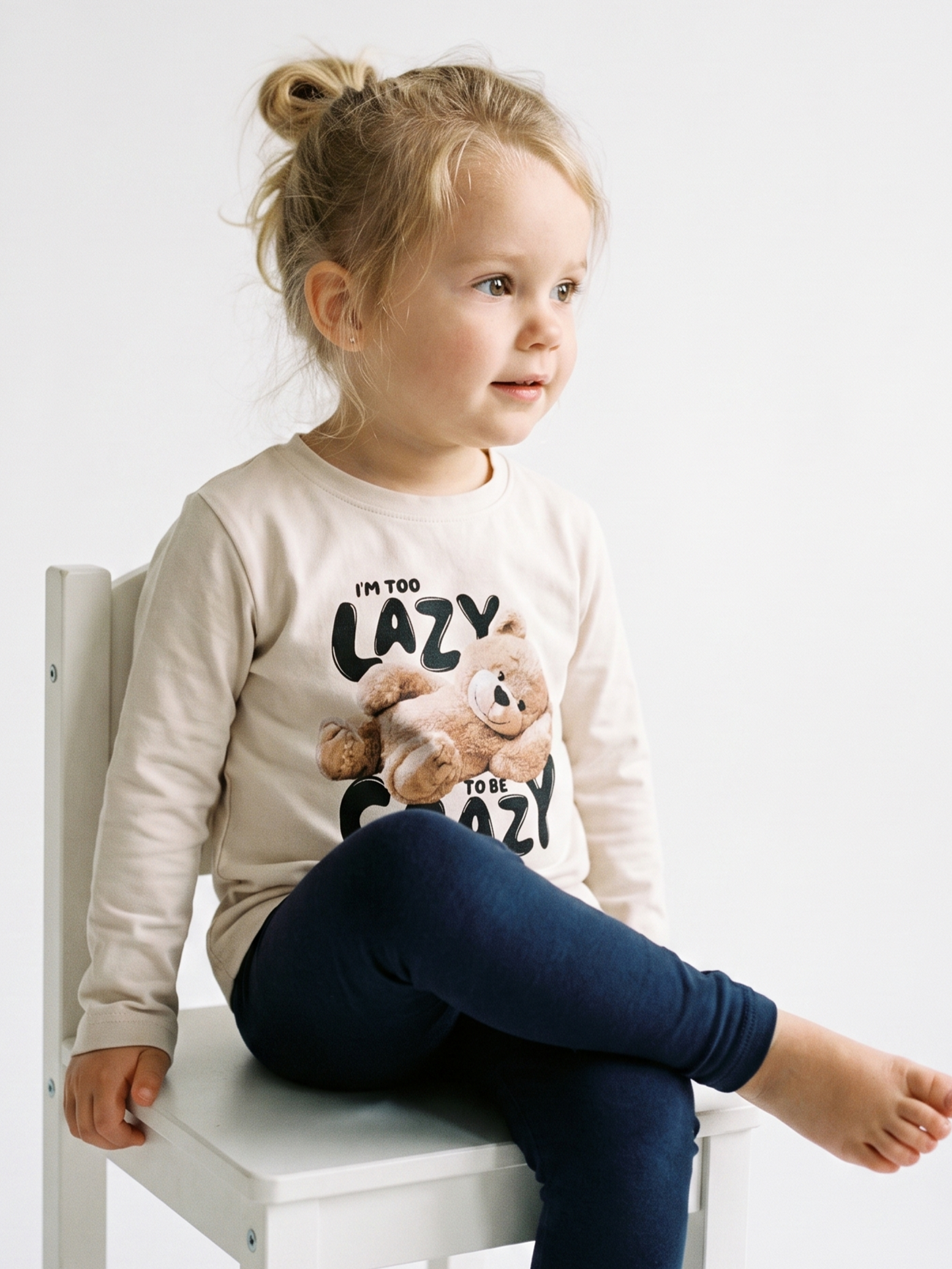 White Lazy Teddy | Dekliška majica z dolgimi rokavi - ohlapen kroj