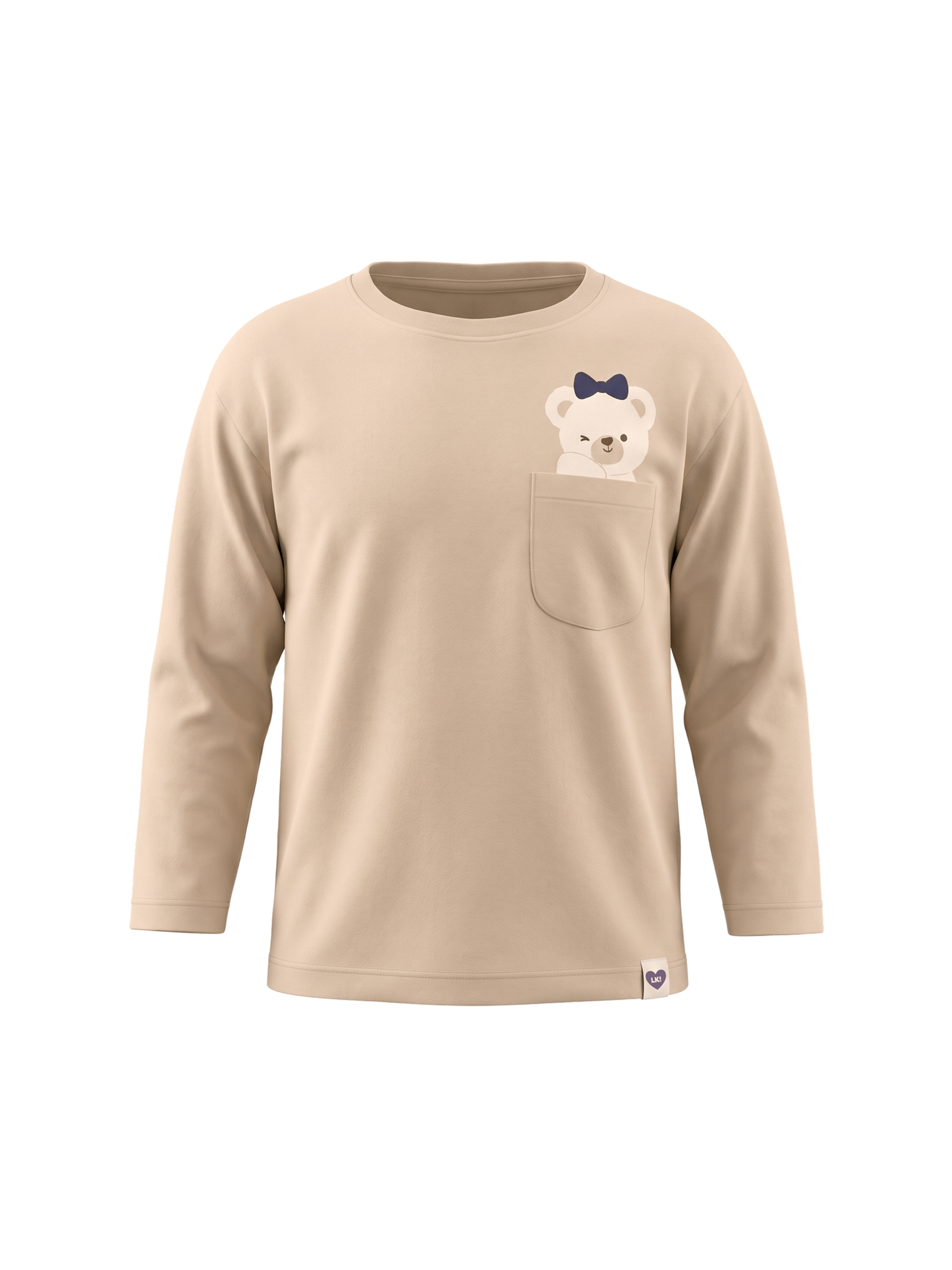 Beige Pocket Teddy | Dekliška majica z dolgimi rokavi - ohlapen kroj