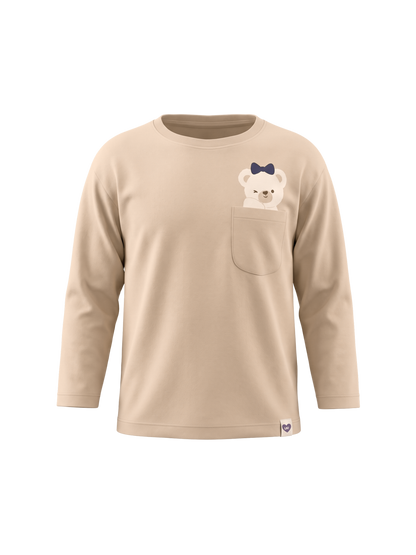 Beige Pocket Teddy | Dekliška majica z dolgimi rokavi - ohlapen kroj