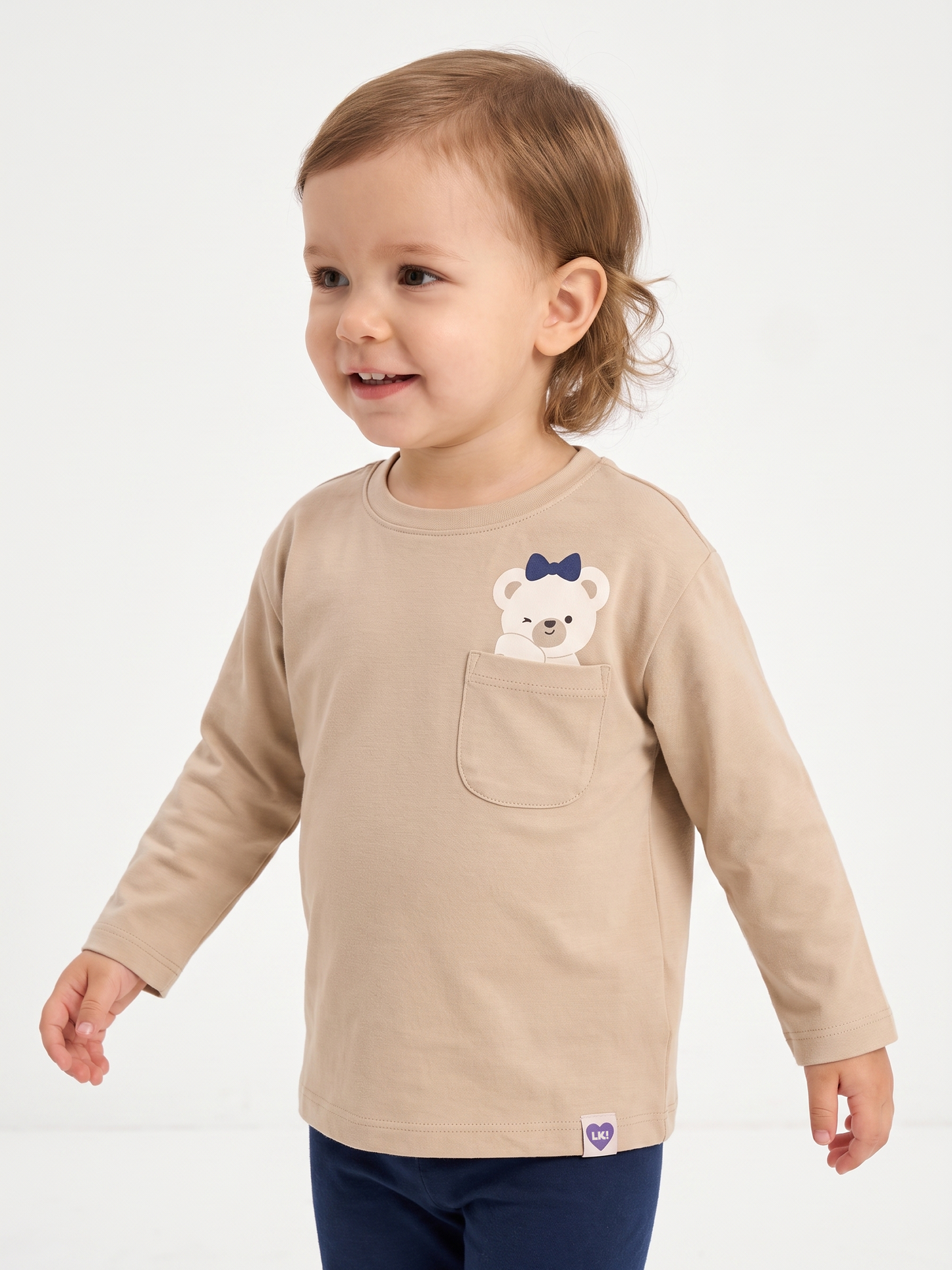 Beige Pocket Teddy | Dekliška majica z dolgimi rokavi - ohlapen kroj