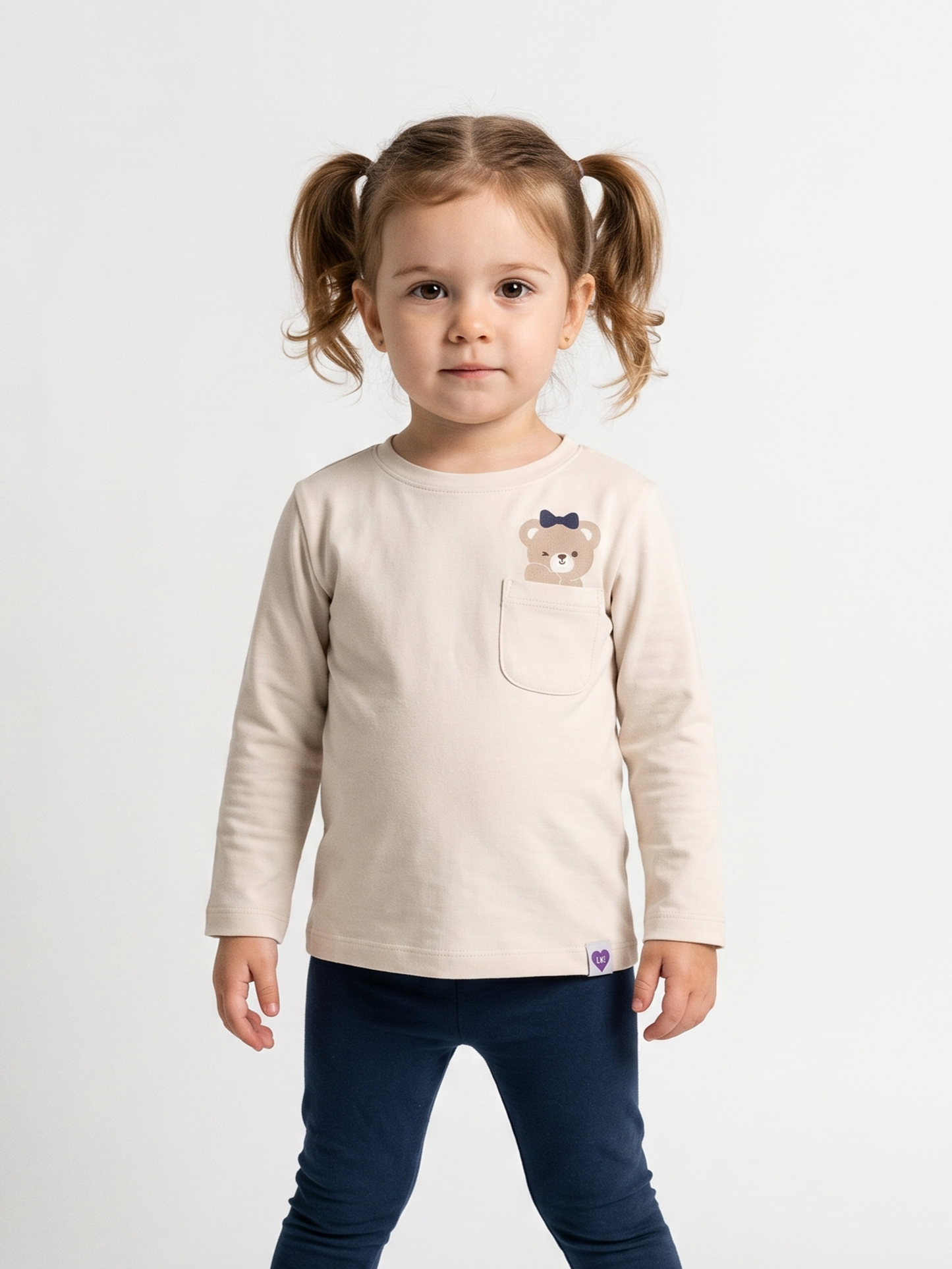 White Pocket Teddy | Dekliška majica z dolgimi rokavi