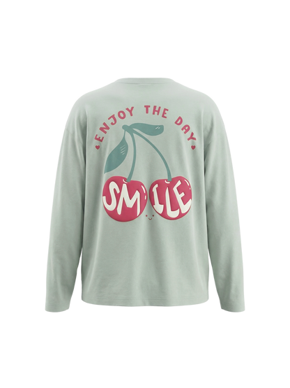 Mint Cherry Smile | Dekliška majica z dolgimi rokavi - ohlapen kroj
