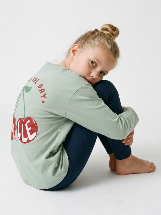 Mint Cherry Smile | Dekliška majica z dolgimi rokavi - ohlapen kroj